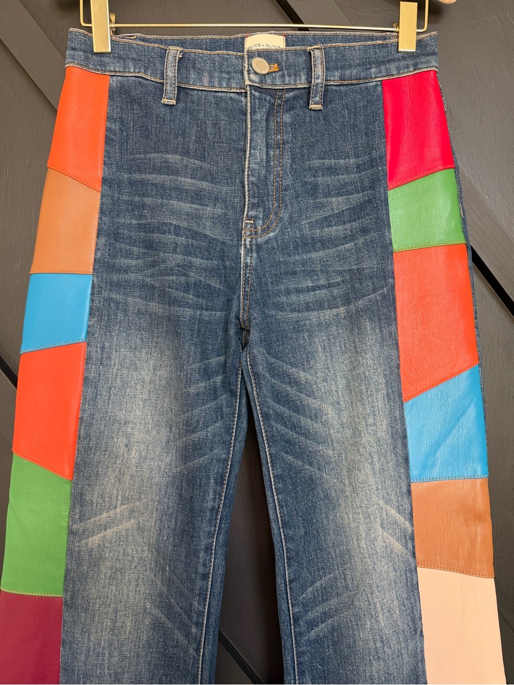 Alice + Olivia High Waisted Flare Jeans with Vegan Leather Patchwork, Size 26 - Picture 7 of 14